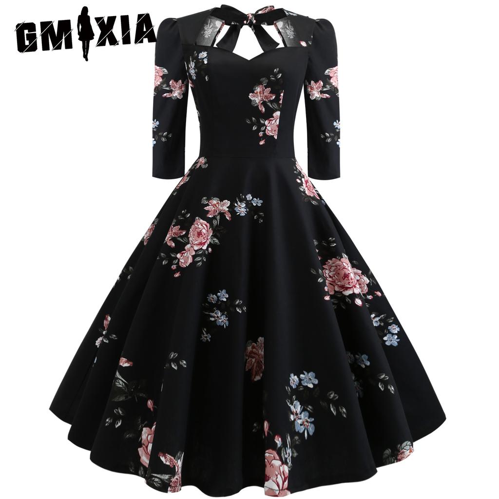 GMXIA Rochie leagăn cu fundă imprimată în talie Fusta Pompadour