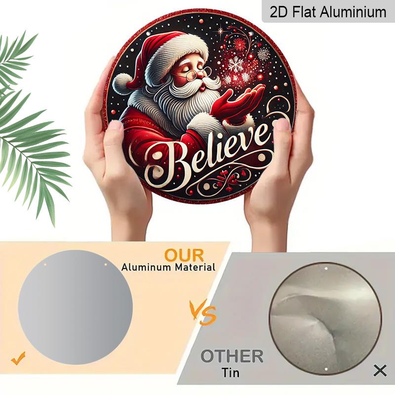 2D Flat, 1pc Round Aluminum Hanging Sign, Dark Snowy Background Classic Santa Claus Snowflake Believe Cursive Print, Farmhouse Front Porch Patio Yard
