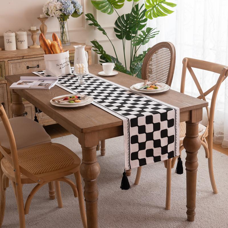 Geometric Fringed Dining Table Tablecloth Polyester Color Woven Jacquard Black And White Checkerboard Flower Table Flag