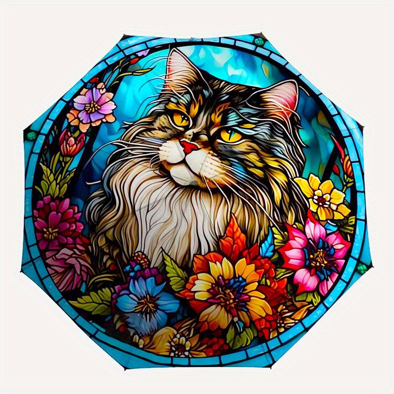 Stained Glass Cat Automatic Folding Umbrella 8 Ribs, Durable Iron Frame, Bright Color Pattern Compact Travel Umbrella, Suitable for Outdoor