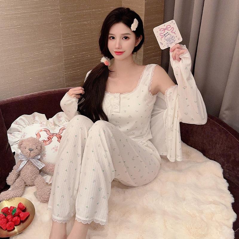 Oh Mi Da Spring and Autumn Long Sleeve Pajamas Women's Sexy Suspender Three-piece Set with Chest Pad Floral High-end Homewear Set