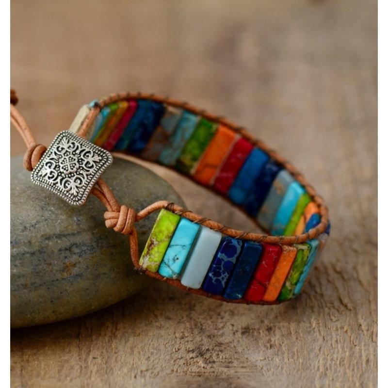 Pulsera trenzada de piedra de colores, pulsera de mano con cuerda ajustable, curación energética y relajación, joyería para la ansiedad, regalo, Estilo bohemio, 1 unidad