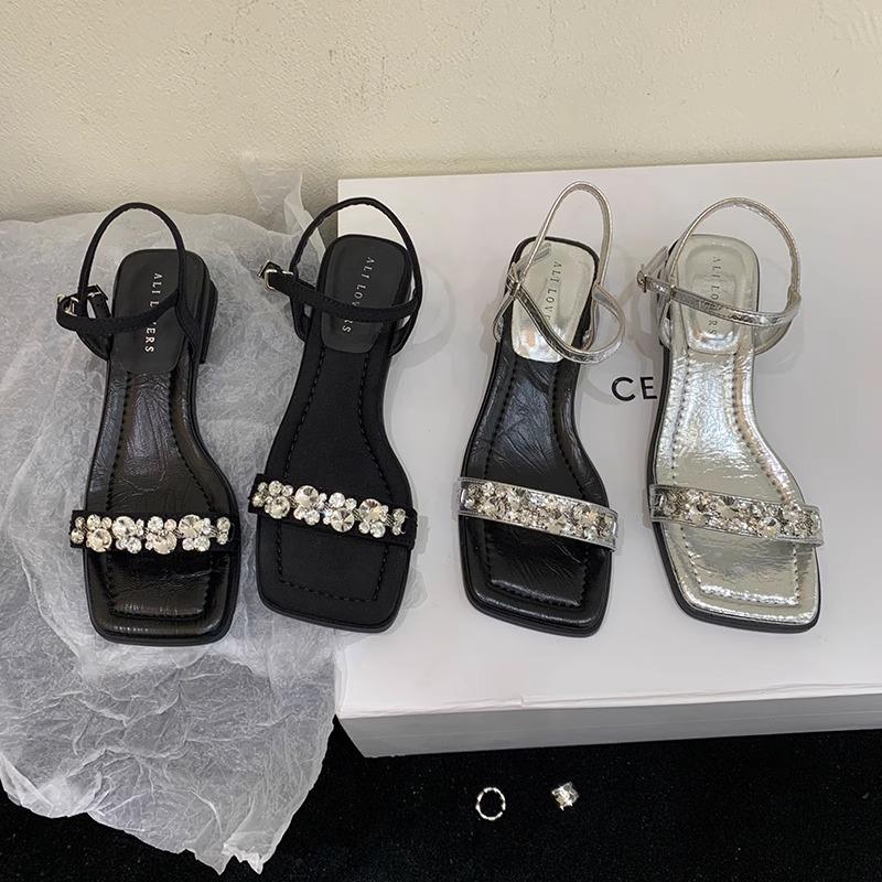 French rhinestone word with sandals thick heel high heels summer new silver cool slippers with skirt fairy shoes