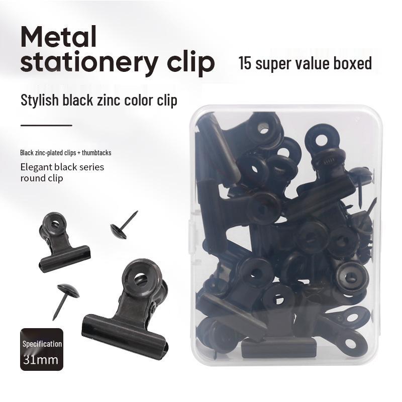 

Boxed Set of Stainless Steel Colored Round Thumbtacks and Long Tail Planner Clips