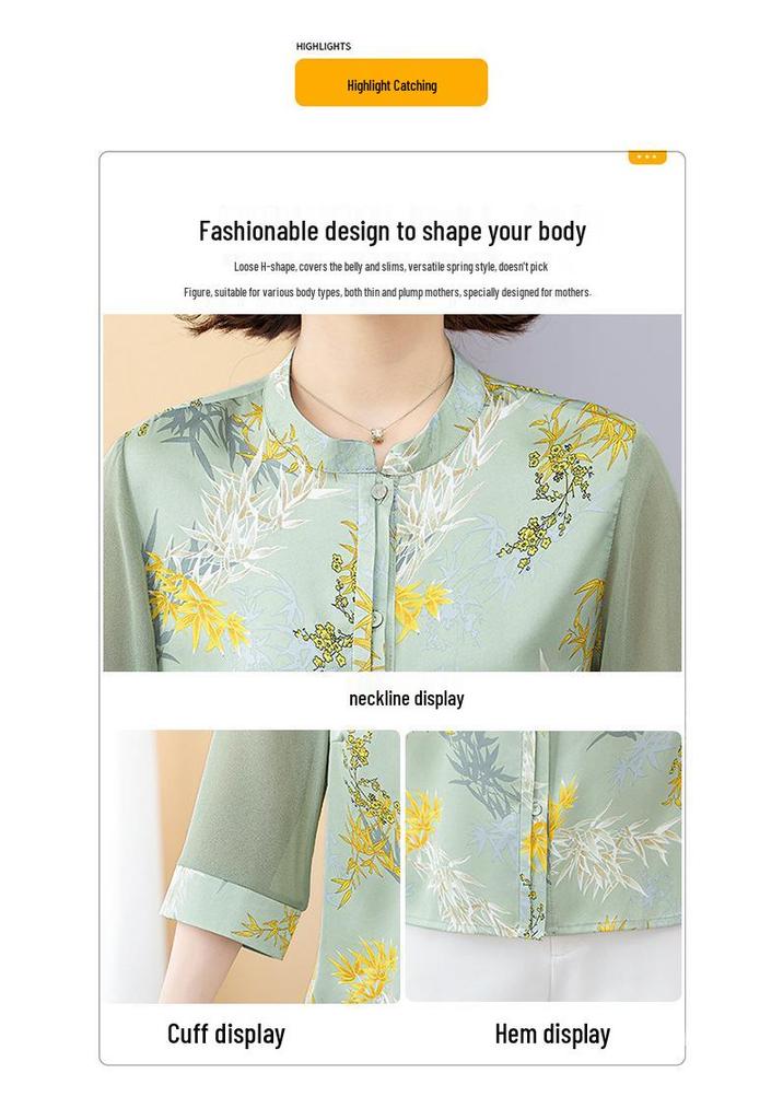 2026 Summer Elegant Three-Quarter Sleeve Shirt for Mothers - New Chinese Style for Middle-Aged and Elderly Women