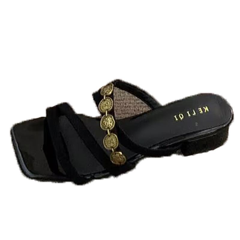 Female Large Size French Square Head Slippers Metal Medium Heel Cool Fairy Wind 2025 Summer New Gentle Outer Wear One-word Drag