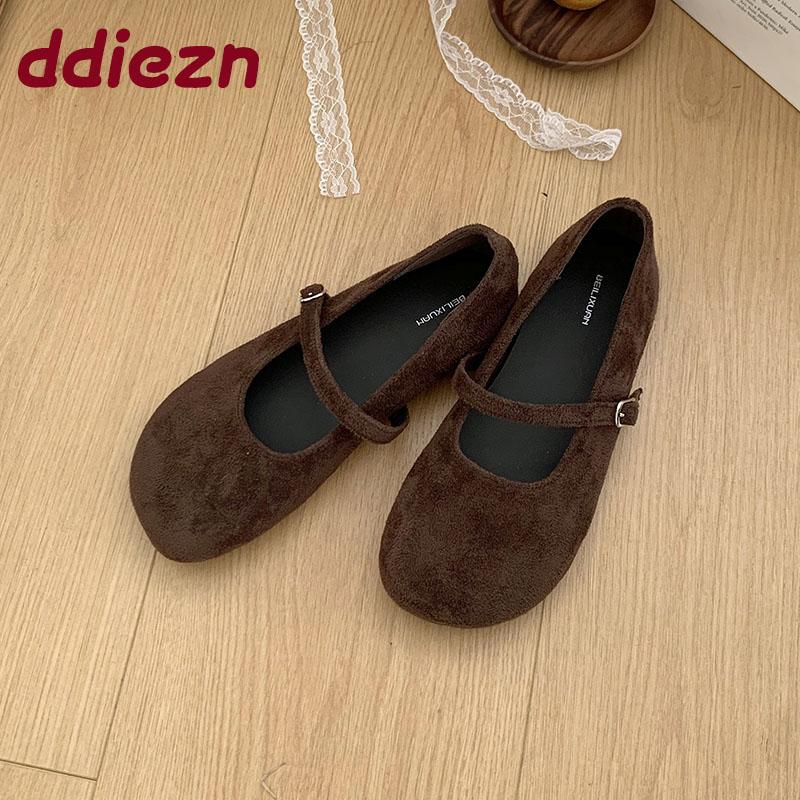 Mode Flache Mode Schnallenriemen Damen Mary Janes Ballerinas Schuhe Weiblich Runde Zehenpartie Schuhe Flock Damen Ballerinas Tanzschuhe
