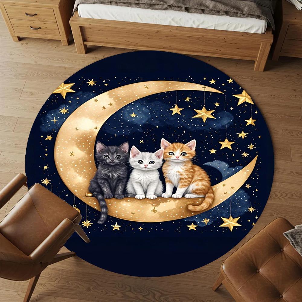 1PC Cats Moon Stars Round Chair mat Area Rug - Non-Slip, Floor Mat for Office, Bedroom, home decor Christmas Gift c0528045
