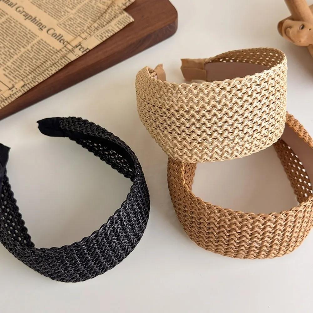 Elegantes Strohgeflecht-Stirnband Boho-Stil Breite Kante Haarreif Rattan-Geflecht Haarband für Damen