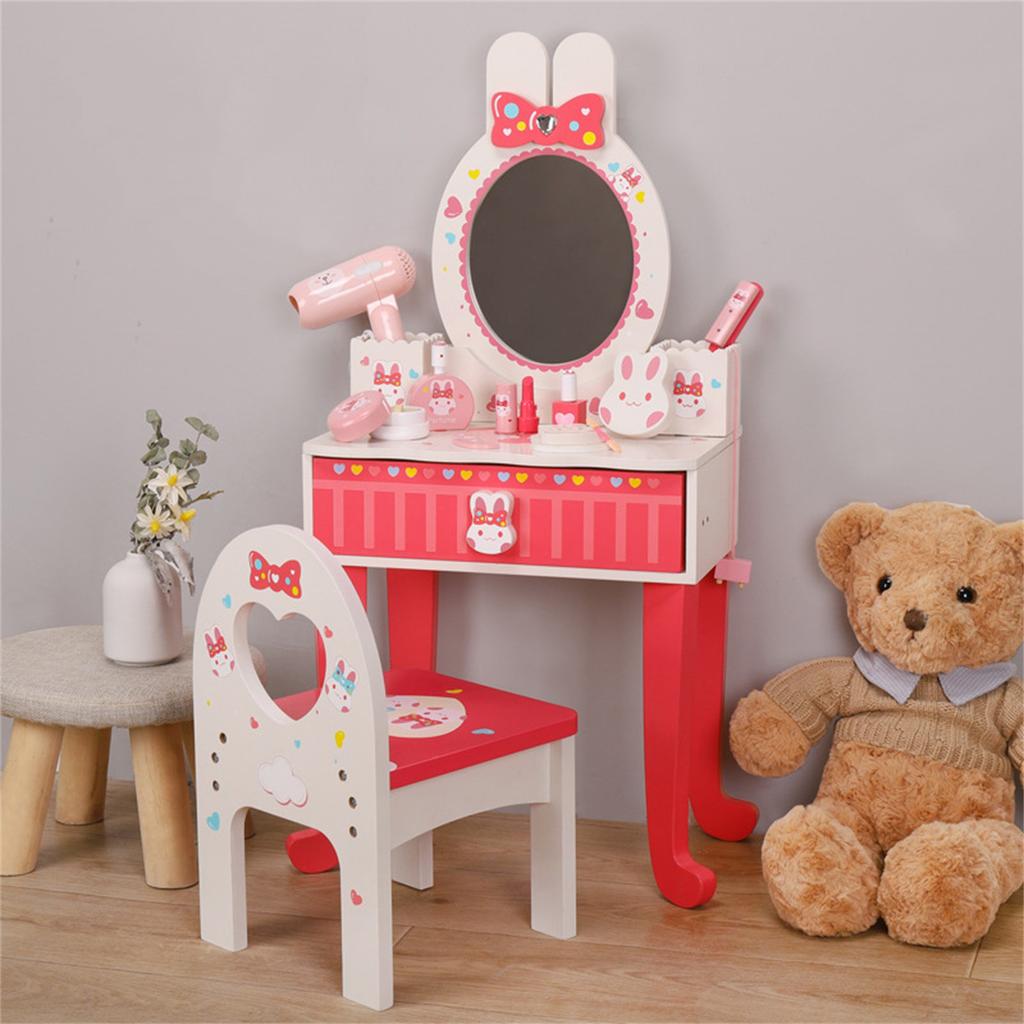 Kids Makeup Table Set Cartoon Pattern Vanity Dressing Table Makeup Accessories Pretend Play Toy Makeup Table with Leg and Chair
