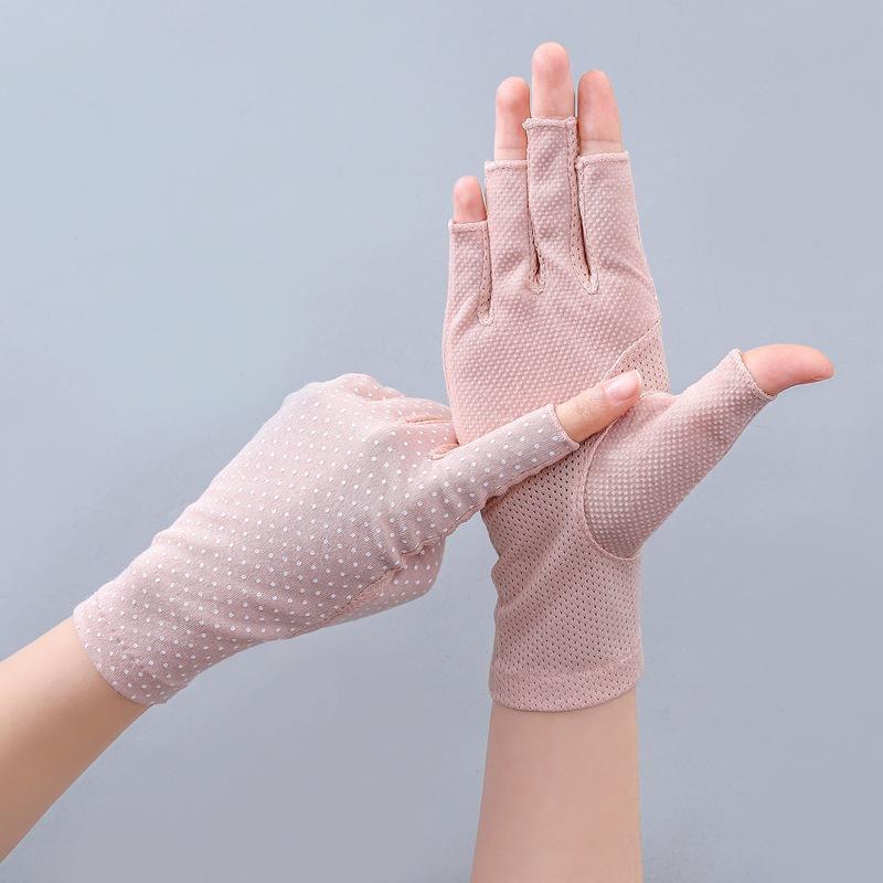 New Fashion Women's Cotton Dot Summer Fingerless Half Finger Anti-Skid Sun Protection Printing anti-UV Thin Short Driving Gloves