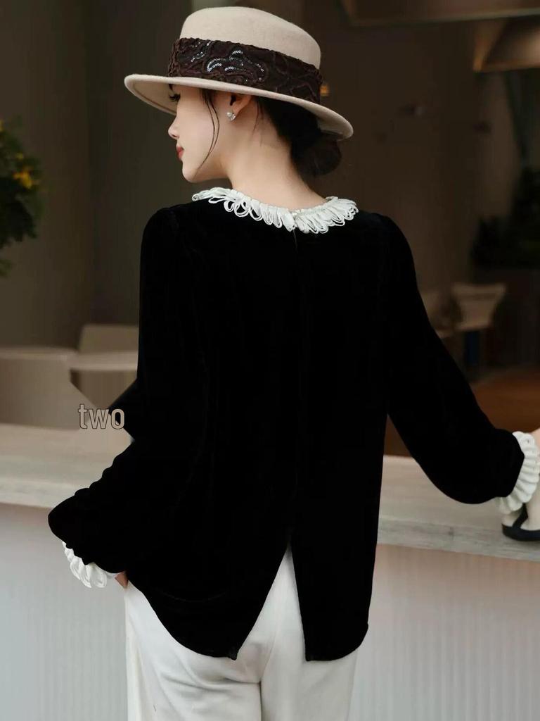 Women's French Retro Mulberry Silk Velvet Top with Lace & Butterfly Trim