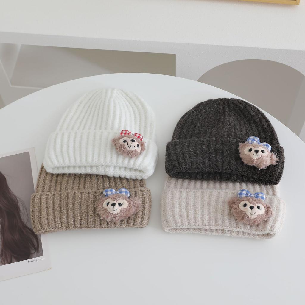 Cute Doll Pattern Label Knitted Hat for Women Autumn and Winter New Warm and Thickened Cold Hat Showing Face and Small Ear Protection