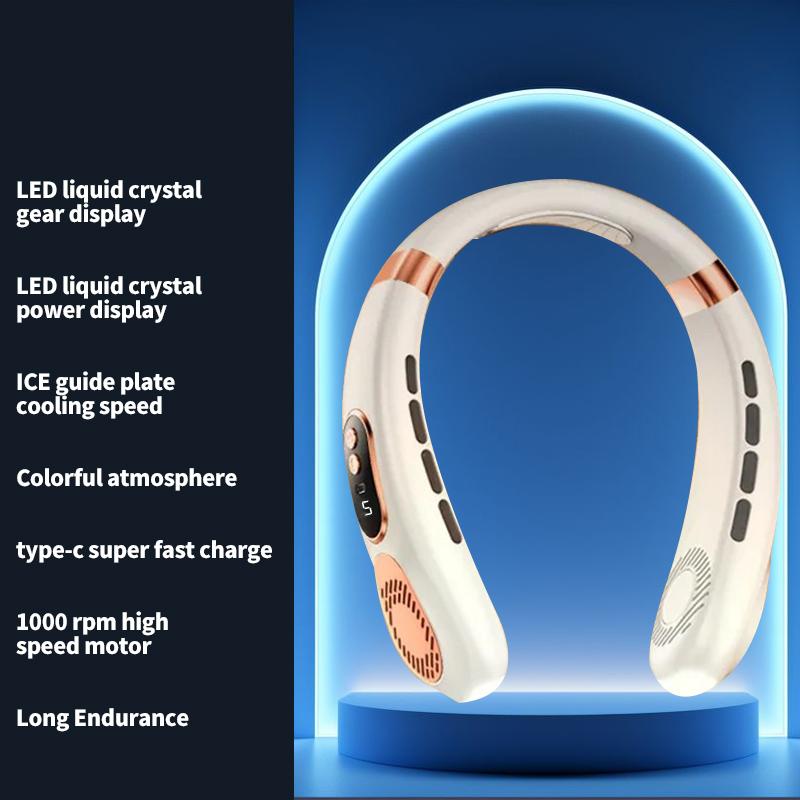 Wireless Neck Fan, Neck Cooling Device, Strong Wind with Silent Operation, Battery Durability, with Light, for Summer Cooling
