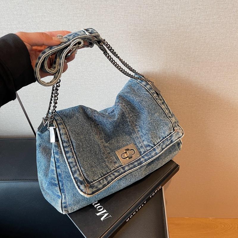 Retro casual denim bag women's 2024 new high-end chain shoulder bag large-capacity commuter tote bag