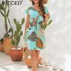 BITCED Spring/Summer Floral Print Drawstring V-Neck Short-Sleeve Vacation Casual Loose Dress