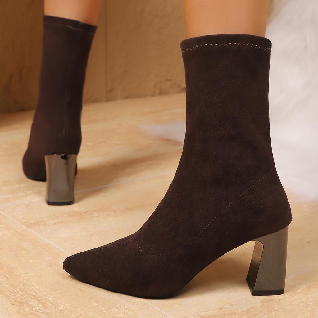 Wildleder spitze hochhackige Mode-Stiefel Damen Winter neu dünn Retro Übergröße Ärmel elastische dünne Stiefel