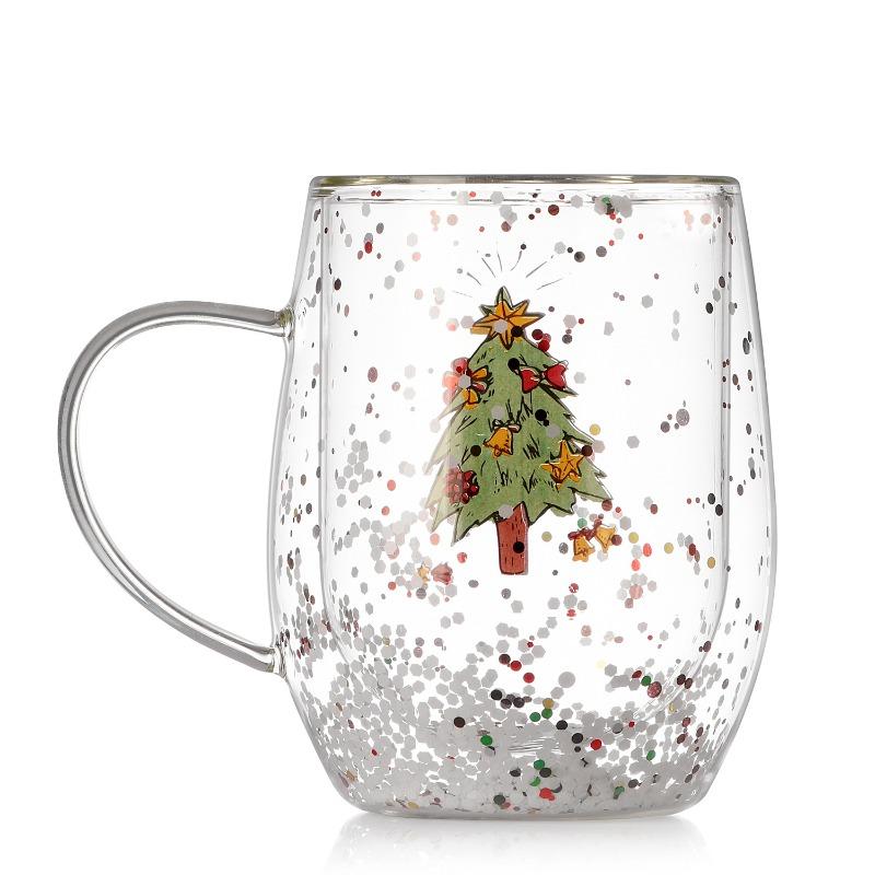 300ML high borosilicate double-layer heat insulation high temperature glass Christmas cartoon pattern with sequined water cup