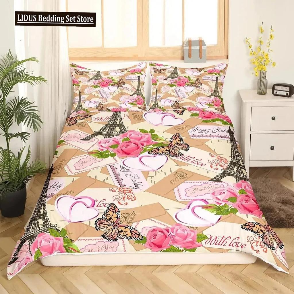 Comforter Valentine Day King Queen Paris Eiffel Tower Bedding Set Pink Watercolor Tulips Flowers Balloon Polyester