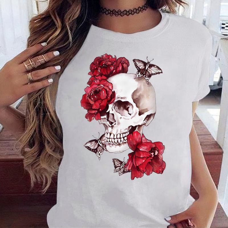 Maycaur Fashion Skull Flower Print Women T Shirt Summer Casual Short Sleeve O Neck Women Tshirt 90s Ladies Tee Shirt Tops