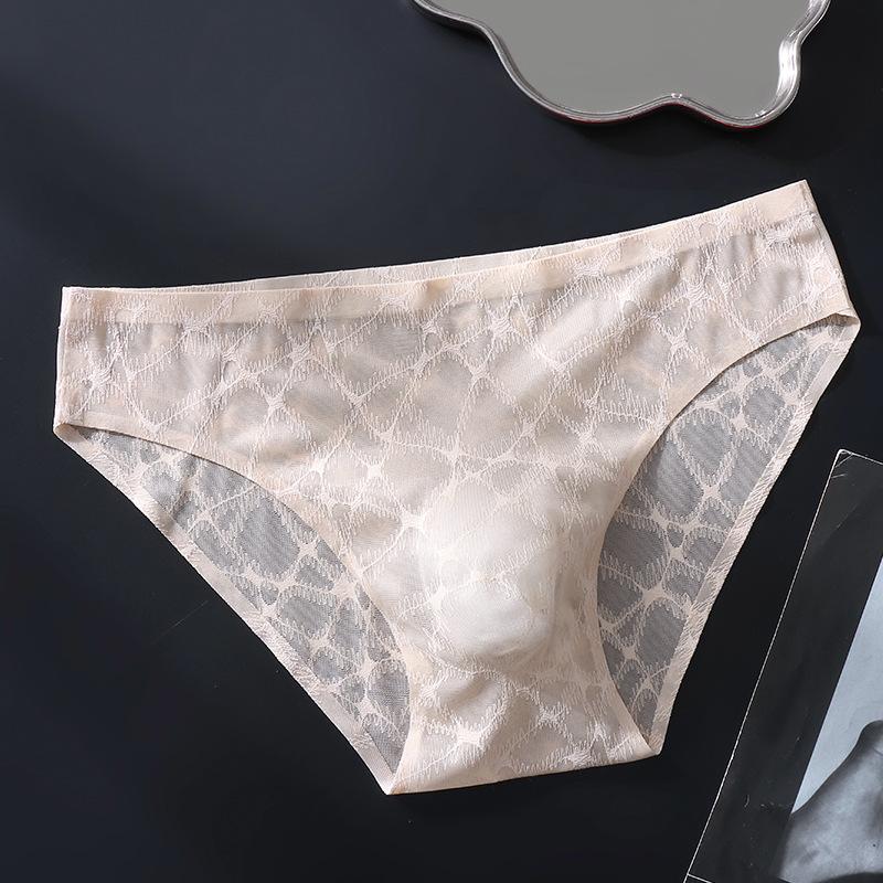 Men Sexy Underwear Lace Thin Ice Silk Briefs Bulge Pouch Underpant Low Waist Solid Bikini Bottom Translucent Penis Pouch Panties
