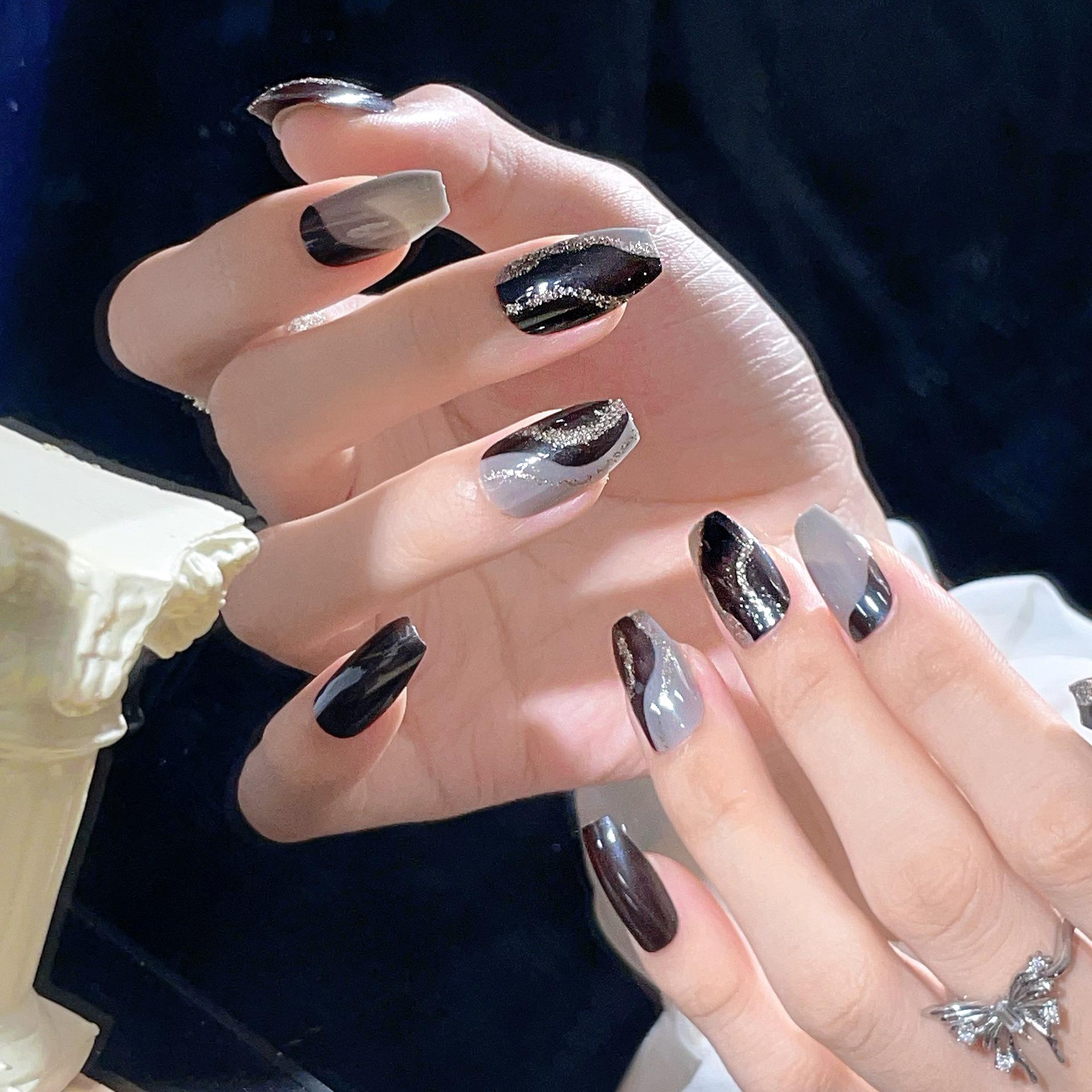 

Removable Wearable Press-On Nails: Black, Gray, Glitter Silver, Wavy Influencer Style