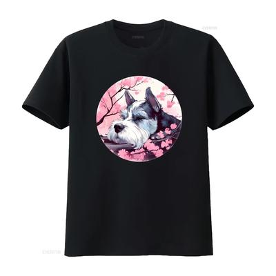 Schnauzer Dog Cherry Blossom T Shirt Perfect Miniature Japan for Lovers Vintage Washed Graphic Fashion Unisex Homme Slightly