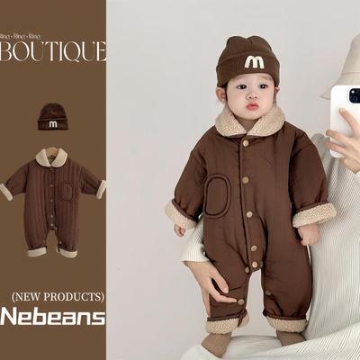 Coffee-Colored Fleece-Lined Baby Romper: Trendy Padded Cotton Jumpsuit for Boys/Girls