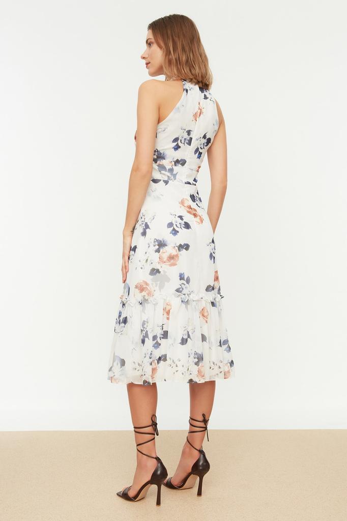 Women's Fashion New Dress Orange Floral Pattern A-Line Halter Neck Lined Midi Woven Dress