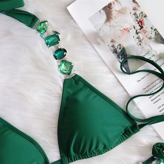 2Pcs/Set Split Bikini Rhinestones Metal Chain Sexy Adjustable Pure Color Swimwear for Swimming