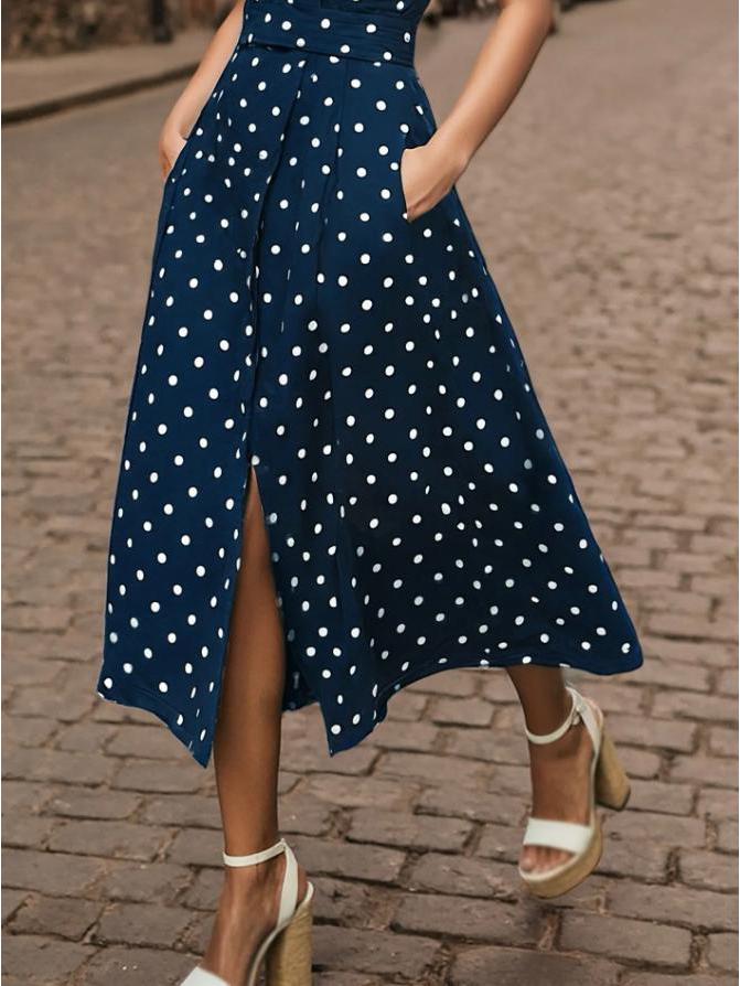 European Sleeveless Polka Dot Retro Dress with Lapel and Faux Button Lace-up Design