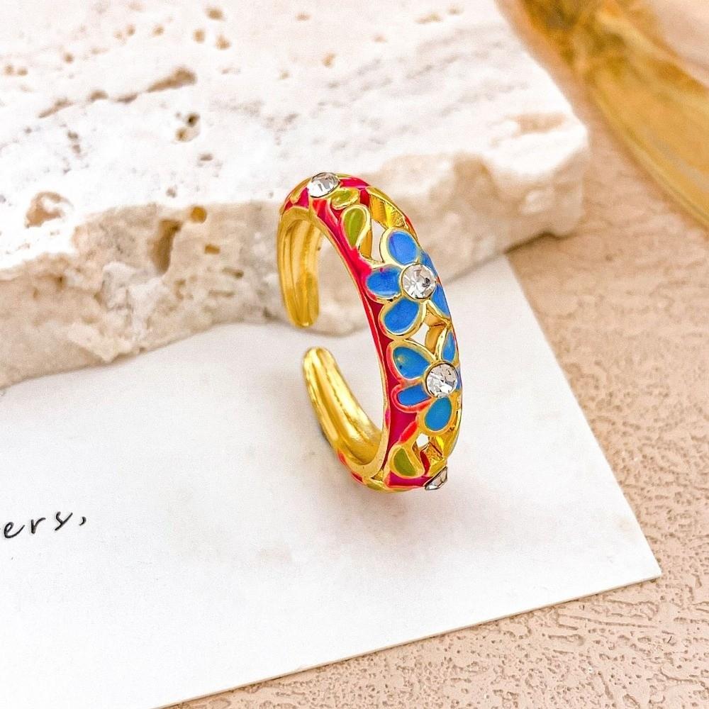 Hollow Out Vintage Geometric Rings Classic Gold Plated Ring Colorful Enamel Flower Rings  Romantic