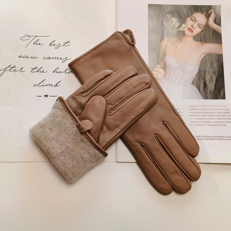 Ladies Sheepskin Gloves Classic Solid Color Versatile Leather Spring Knit Lining Cycling Driving Gloves Autumn