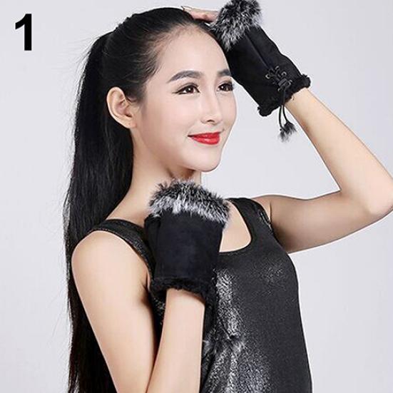 Women's Fashion Winter Warm Imitation Rabbit Hair Faux Leather Fingerless Gloves
