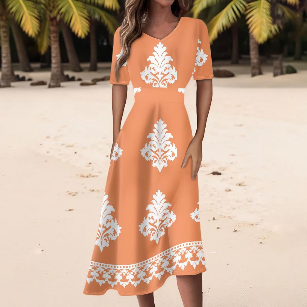 Damen Freizeitmode Retro Bedrucktes V-Ausschnitt Kurzarm Taillenlanges Kleid