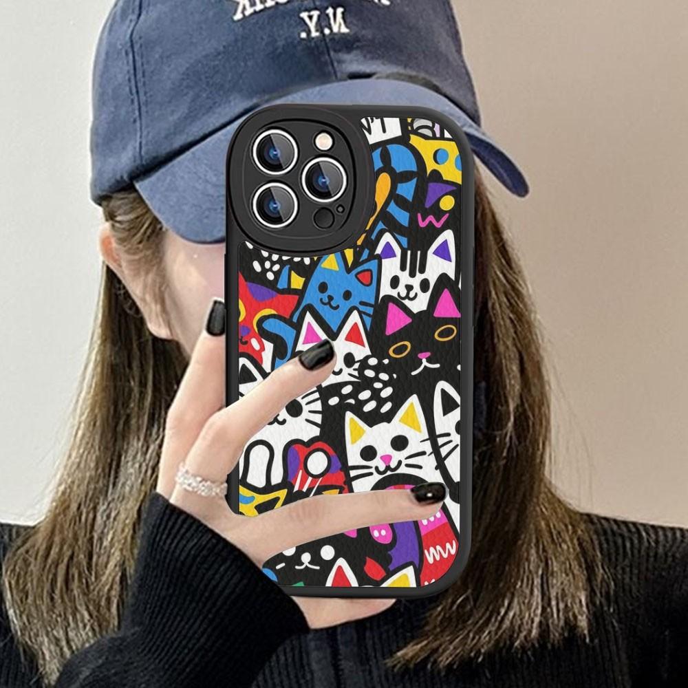 Cartoon Cute Cats Background Phone Case Hard Leather For IPhone 16 15 14 13 12 Mini 11 14 Pro Max Xs X Xr 7 8 Plus Fundas