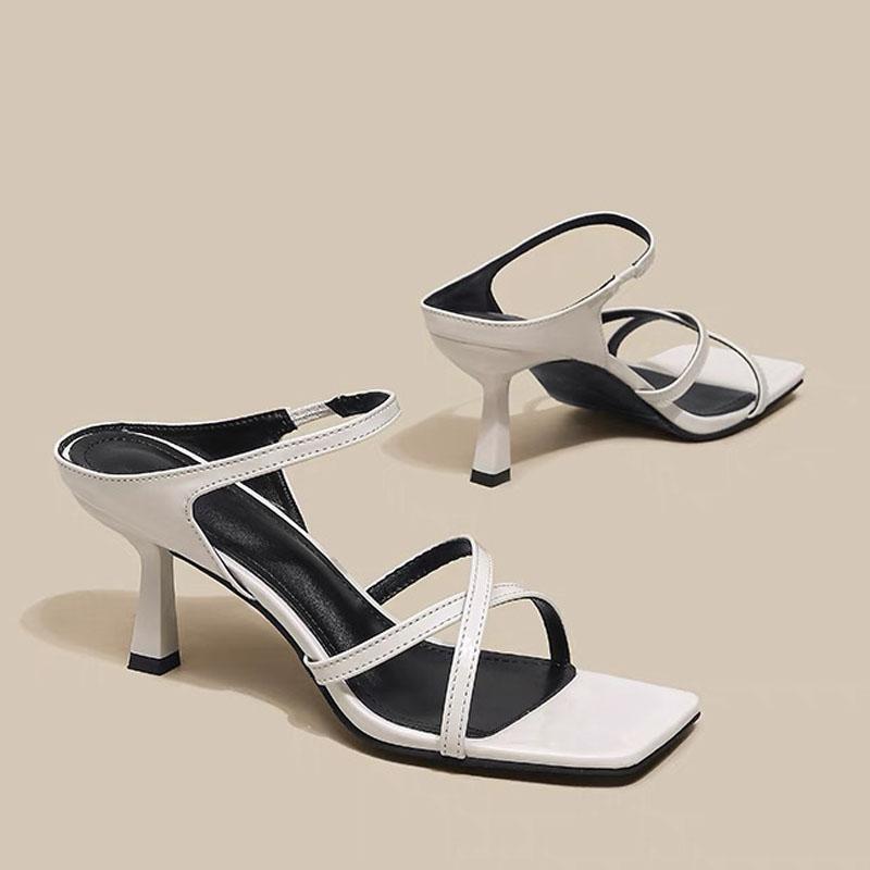 

Fashion Brand Design Slim Band Sandals Woman Square Toe High Thin Heel Mule Slides Ladies Patent Leather Evening Party Pump Shoes 39 белый