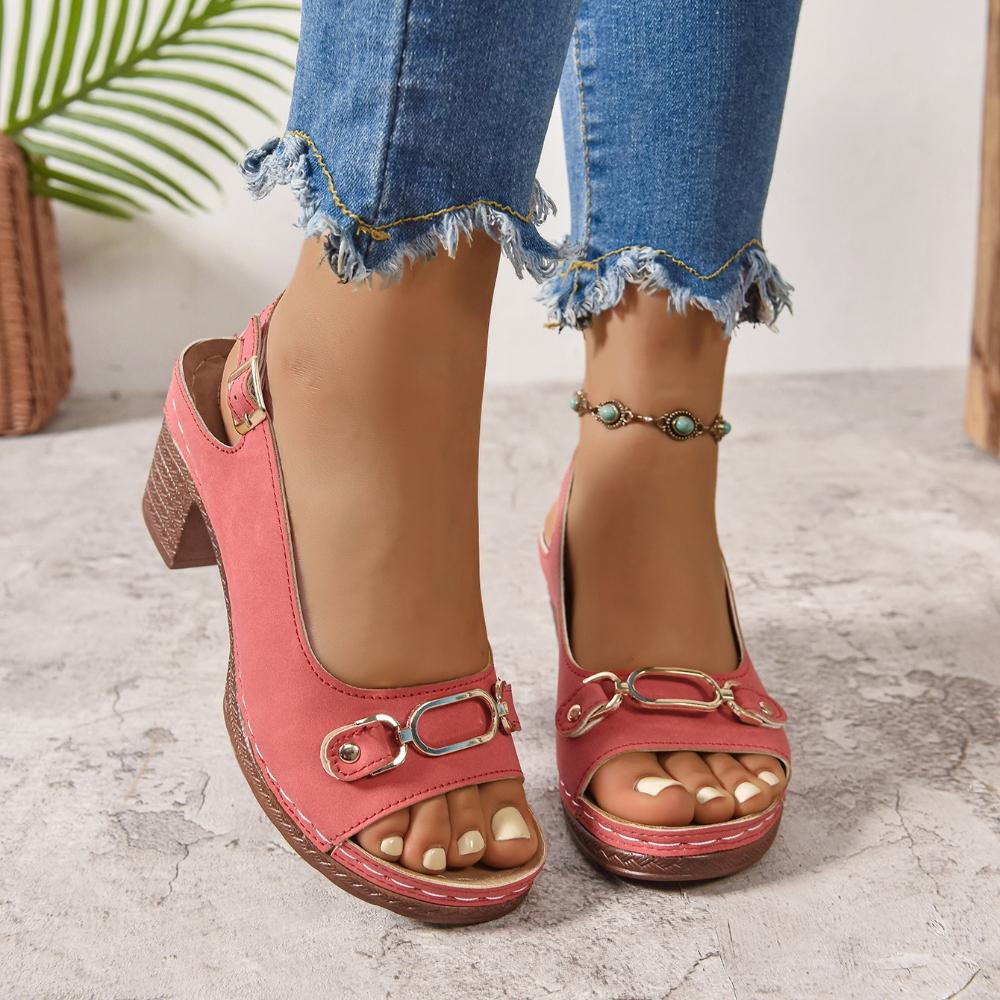 Elegant Ladies Peep Toe Pumps Summer Fashion Back Strap High Heels Shoes Woman Fashion Metal Buckle Comfortable Sandals