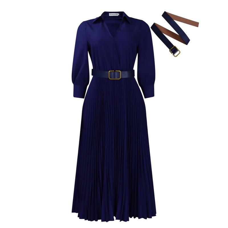 Women Elegant High Waist Turn Down Collar Long Sleeve Solid Pleated A Line Midi Dress