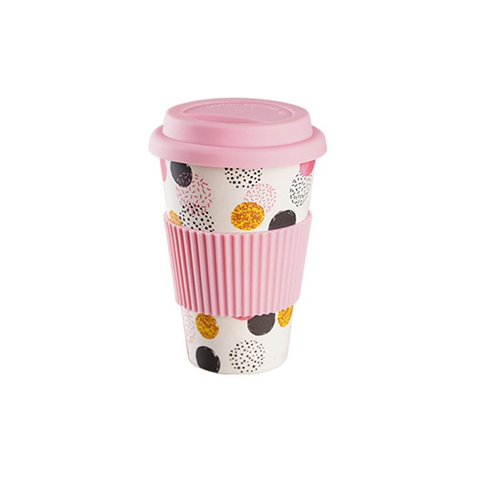 

470ml Bamboo Fiber Coffee Cup Eco-Friendly Insulated Degradable Mug with Silicone Sleeve Watermelon Print for Home Office Travel розовый