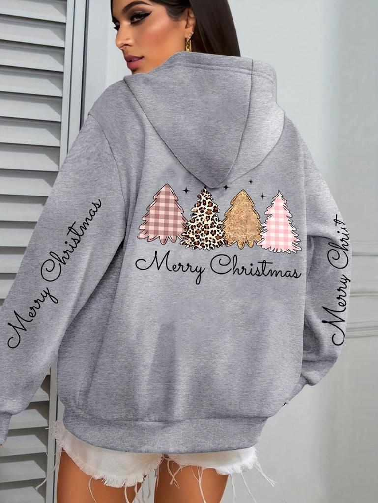 Merry Christmas Leopard Print Women's Hoodie Sweatshirt with Tree Pattern
