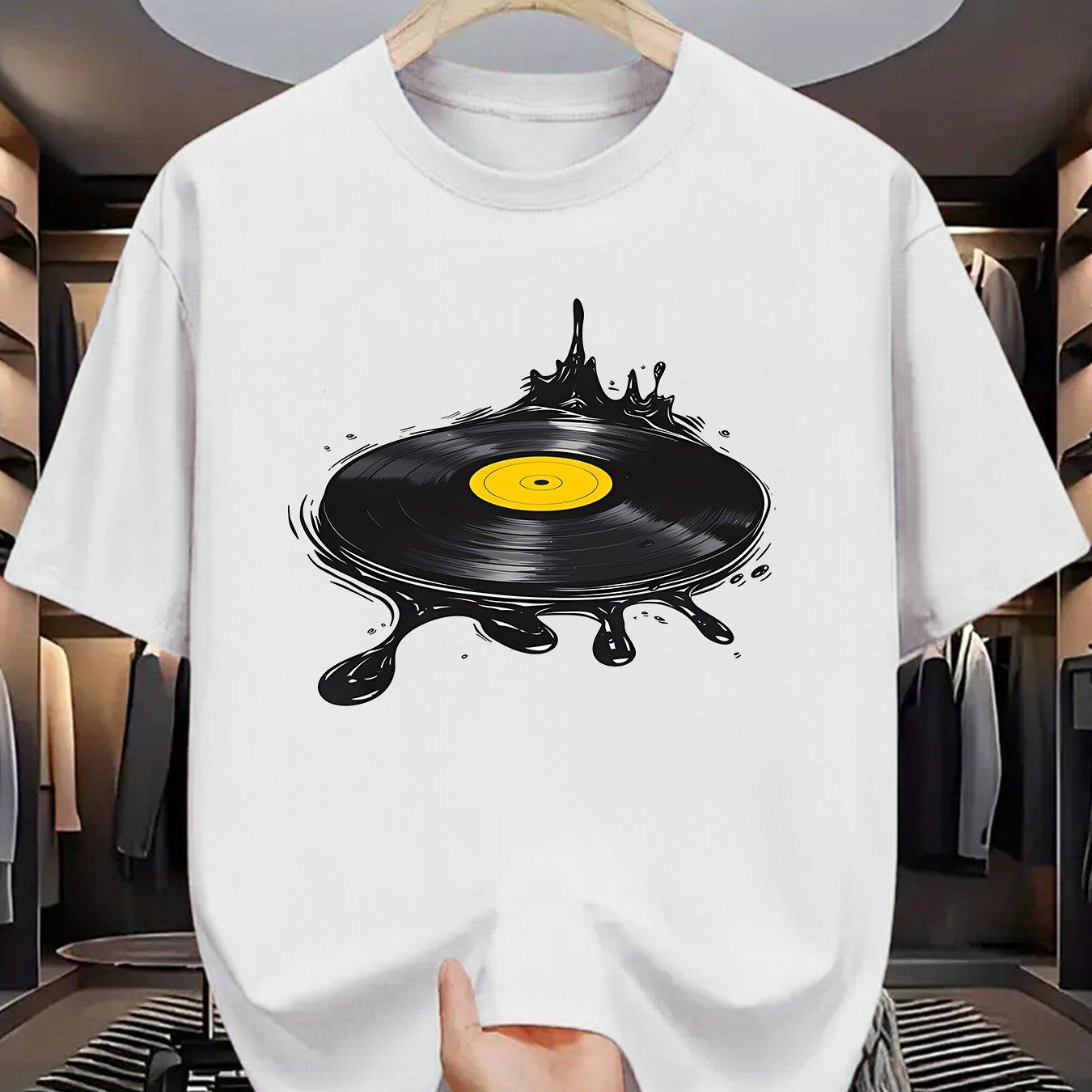 Melting Vinyl Record Graphic Tee Mens Casual Round Neck Short Sleeve Cotton TShirt S