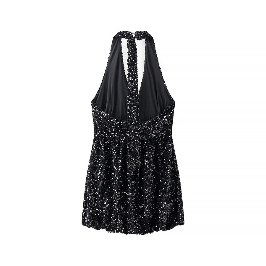 Spring and Summer New Women's Clothing, European and American Fashion Neck Deep V-neck Sequined Balloon Dress