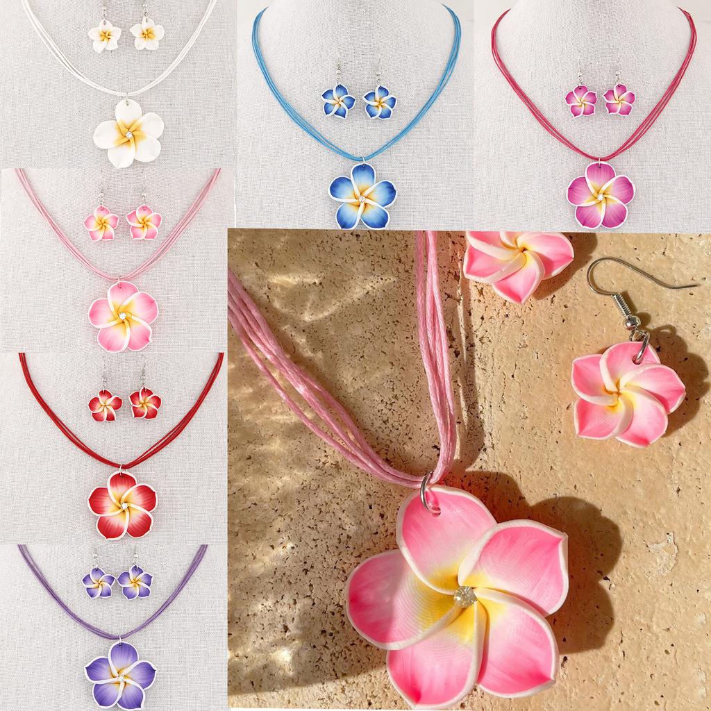 Soft Pottery Flower Personalized Necklace and Earrings Two-piece Set Wax Rope Soft Pottery Plumeria-shaped Bridesmaid Gift