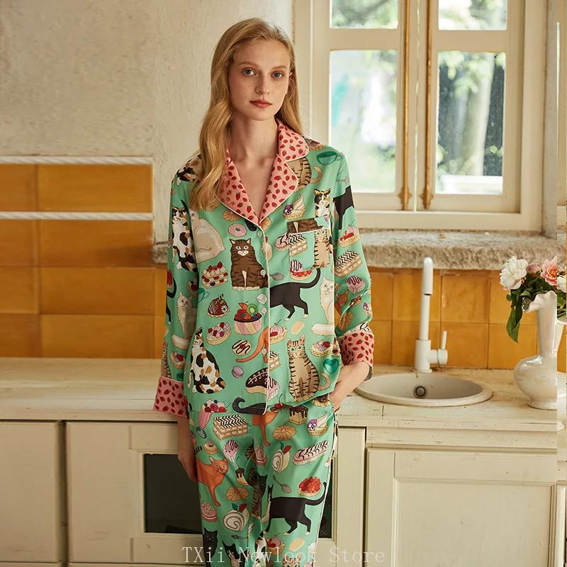 Newlook Fashion Comfortable Pajamas Women's High-end Sense  Style Lapel Spring and Summer Long Sleeve Home Suit