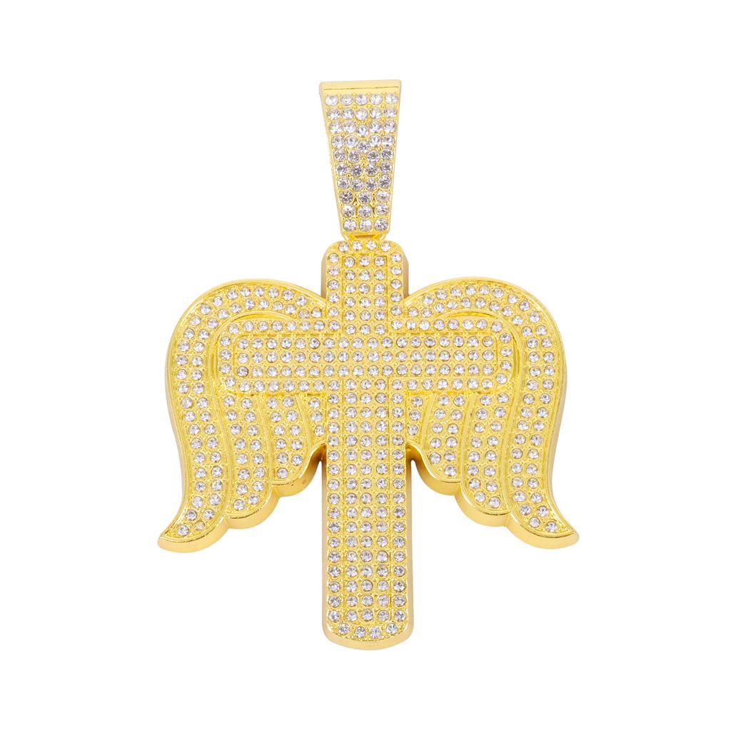 Alloy Necklace Men Trend Cross Angel Wings Pendant, Stylish Full Rhinestone Cool Hip Hop Jewelry