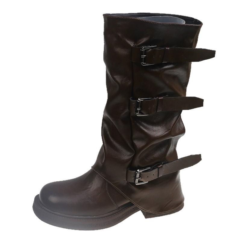 Internet celebrity belt buckle medium boots women's boots autumn and winter new niche retro wasteland wind pleated fashion trouser tube boots women