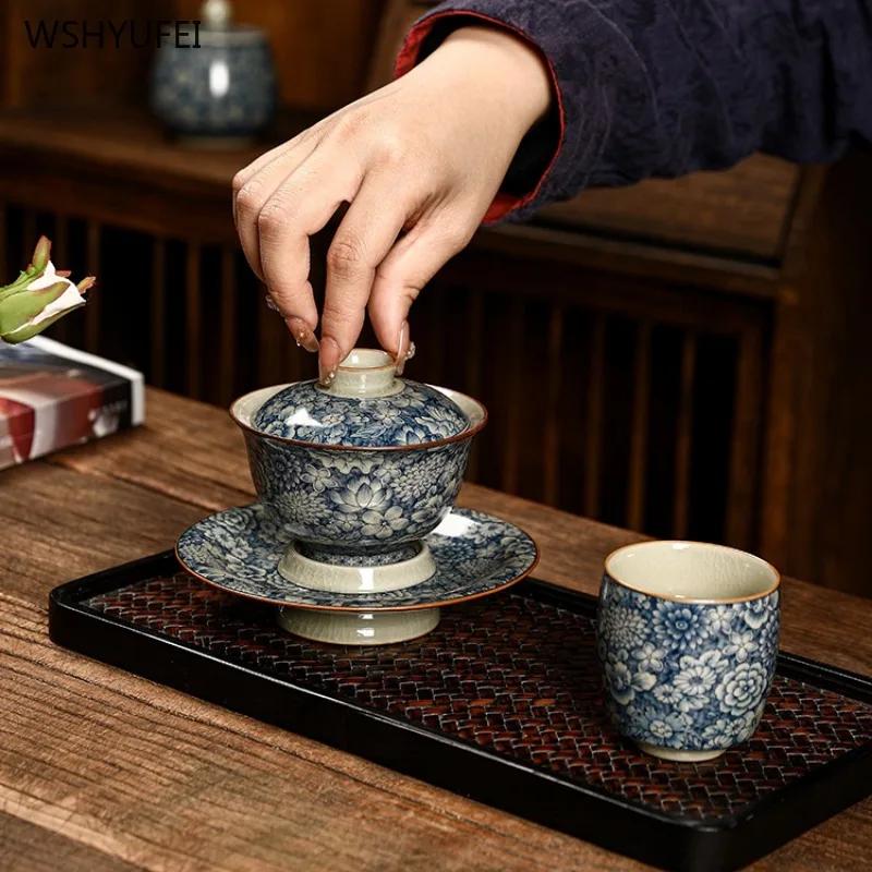 Ru Kiln Blue and White Ceramics Three Talent Bowl Household Chinese style tea bowl Retro tea maker teacup 1pcs