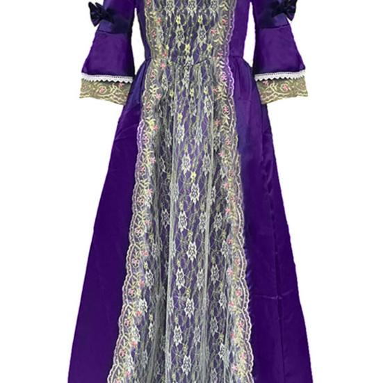Women Performance Dress Stage Show Retro Royal Style Lace Bow Decor Bell