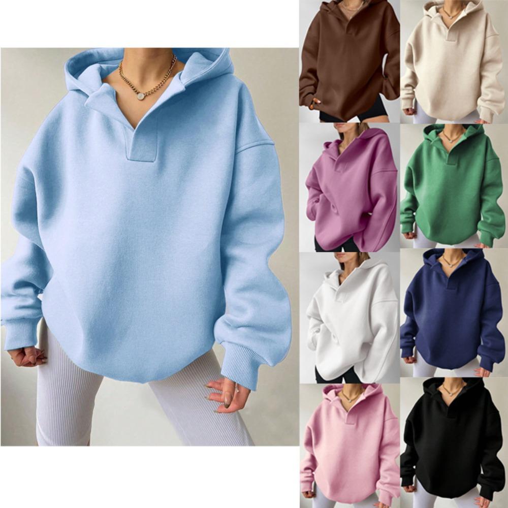 Auutmn Winter Women Solid Color Oversized V Neck Hoodie Long Sleeve Casual Pullover Sweatshirt Daily Street Outerwear Tops